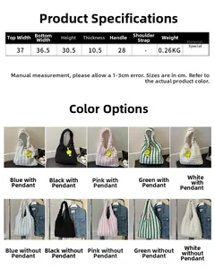 Size guide for popcorn texture tote bag showing multi-color options and dimensions
