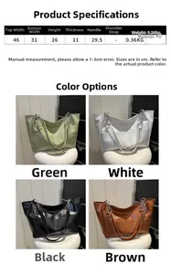 Detailed size specifications and multi-color options for the large capacity PU tote bag