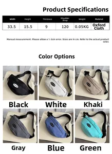 Tableau des tailles du sac bandoulière en tissu Oxford avec six couleurs disponibles