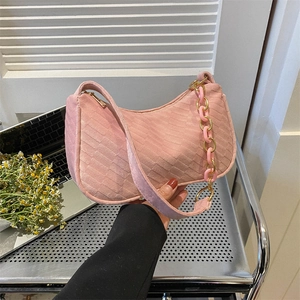 Women PU Leather Underarm Bag With Chain Decoration Checkerboard Embossed Half Moon Hobo Shoulder Bag Street Fashion