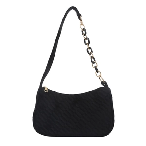Quilted black baguette bag with gold-tone mixed chain strap and zip closure