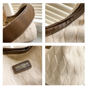 Detailed views of beige quilted canvas tote featuring premium brown leather trim and stitching