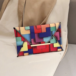 Multicolor Geometric Block Print Envelope Clutch Bag For Women Fashion Trendy PU Leather Handbag With Gold Metal Bar Closure