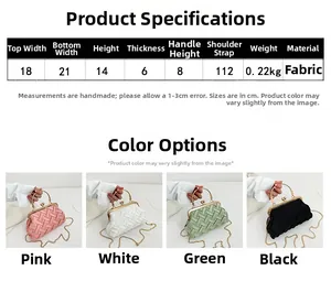 Size guide for woven handbag showing dimensions and four available color options