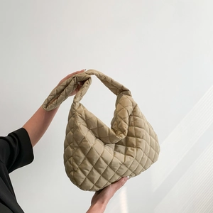 Chic beige quilted puffer tote bag with diamond lattice pattern for women's daily wear