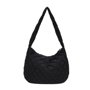 Quilted crescent shoulder bag in black nylon with classic diamond stitching and zipper