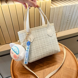 Borsa Tote da Donna Vintage in Tweed a Quadretti Piccola Borsa a Mano in PU Patchwork Con Tracolla Regolabile e Ciondolo