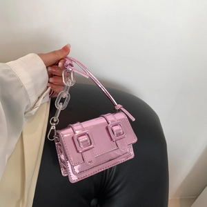 Fashion Women Mini Crossbody Bag Metallic PU Leather Small Square Bag With Acrylic Chain Y2K Style Shoulder Bag