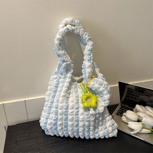 Women Popcorn Texture Canvas Tote Bag Large Capacity Plaid Shoulder Bag With Flower Charm Casual Daily Handbag