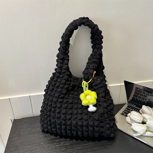 Large capacity black popcorn texture tote bag with yellow flower charm for daily commute