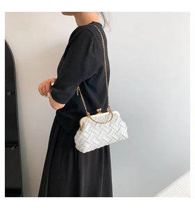 Detail of white woven crossbody bag with gold chain strap and vintage metal clasp closure