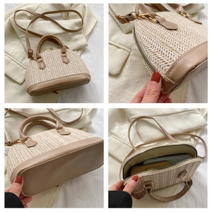 Detailansichten der gewebten Muscheltasche mit PU-Lederbesatz und geräumigem Innenraum