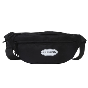 Black minimalist cross-body fanny pack with FASHION logo and adjustable strap