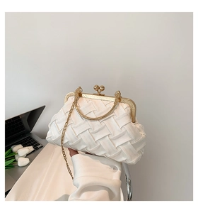 Close-up of white woven shell bag with golden metal handle and ball clasp closure