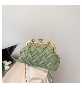 Detail of light green woven shell bag with gold hardware and spherical metal clasp