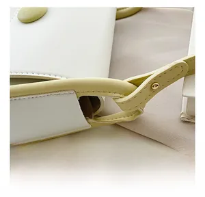 Close-up of minimalist ivory and sage green shoulder bag with golden metal rivets detail
