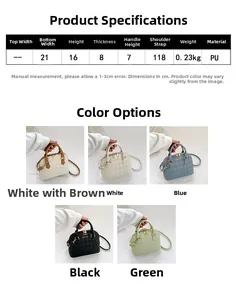 Detailed size chart and specifications for the quilted shell-shaped PU shoulder bag