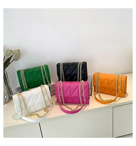 Detailed collection of quilted crossbody bags with gold chains in five vibrant colors
