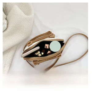 Internal view of shell bag showing daily essentials like phone and lipstick storage