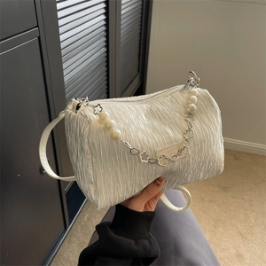 Sac Sous Le Bras Froncé Pour Femme Avec Chaîne En Künstliche Perles Élégante Tissu Plissé Sac Bandoulière Rétro Quotidien