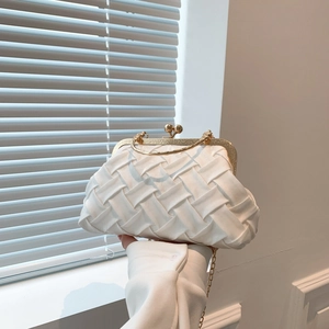 Elegant white satin woven handbag with gold handle and chain strap for evening wear