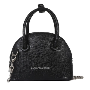 Mini black lychee texture shell bag with double handles and silver ball chain strap