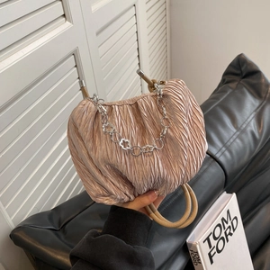Women Fashion Ruched Nylon Underarm Bag With Flower Metal Chain Decorative Pleated Shoulder Bag Knot Strap Handbag