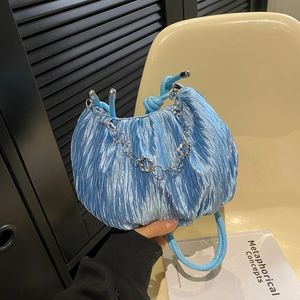 Sky blue pleated ruched handbag with floral silver chain and glossy wave texture