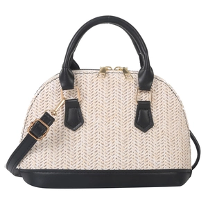 Minimalistische gewebte Stroh-Muscheltasche mit schwarzem Lederbesatz und Goldreißverschluss