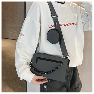 Détail d'un sac bandoulière gris avec chaîne noire et mini pochette ronde attachée
