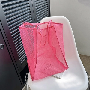 Bolso tote grande de malla rosa fucsia, bolso de hombro moderno para playa y compras