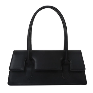 Minimalist black rectangle leather underarm bag with unique handle through cover holes
