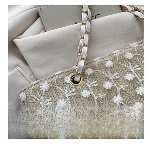 Dettaglio ricamo floreale 3D su borsa tote intrecciata beige con tracolla a catena