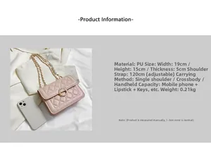 Detail of pink quilted PU leather crossbody bag with pearl chain and size specifications