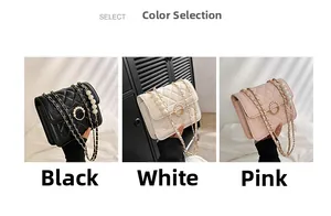 Three color options of quilted crossbody bags with chain straps and pearl handles