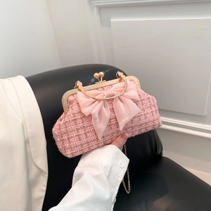 Sac à Bandoulière en Tweed Vintage Avec Grand Nœud Poignée en Métal Doré Chaîne Élégant Sac à Main de Soirée pour Femme