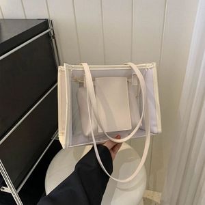 Large capacity vintage cream tote bag with transparent PVC texture and inner pouch