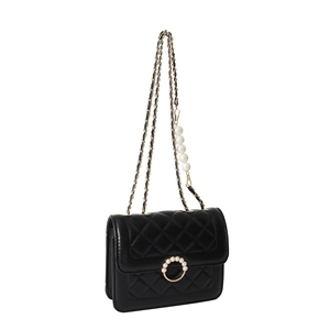 Elegant black quilted crossbody bag with pearl chain strap and gold hardware clasp