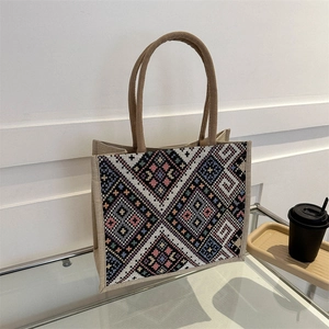 Ethnic style canvas tote bag with geometric embroidery and thick rope handles