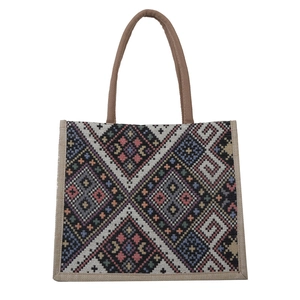 Ethnic geometric jacquard canvas tote bag with woven jute handles for casual use