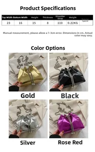 Detailed size chart and multi-color view of mini chain bucket bag with crocodile pattern