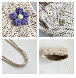 Dettagli della borsa in paglia intrecciata con fiori di lana e chiusura magnetica