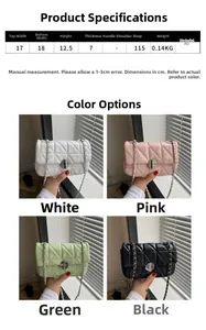 Detailed size specifications and quad-color display of the quilted chain crossbody bag