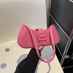 Women French Chic Baguette Bag PU Leather Underarm Shoulder Bag With Large Square Buckle Trendy Daily Commuter Handbag