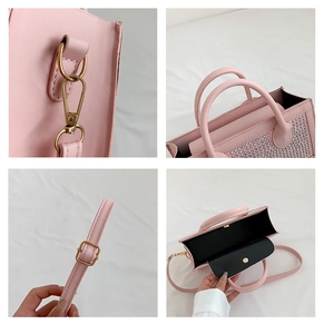 Détails du sac à main en cuir rose montrant la ferrure dorée, strass et intérieur