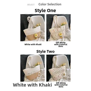 Detail shot of straw woven tote bags in style options showing white khaki and polka dot patterns