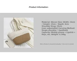 Detailed spec sheet showing 36x23x8cm dimensions for the woven straw tote bag