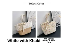 Detail of woven straw tote bags with lace bow accents in two-tone khaki and beige colors