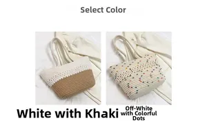Detail of handwoven cotton rope tote bags in khaki and white with textured weave patterns