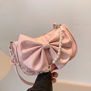 Sac À Épaule Femme Doux En Cuir PU Grand Nœud Sac Sous L'Aisselle Avec Künstliche Perle Et Chaîne En Métal Florale Sac À Main